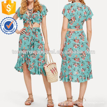 Knot Floral Top & Asymmetrical Ruffle Hem Skirt Set Manufacture Wholesale Fashion Women Apparel (TA4095SS)